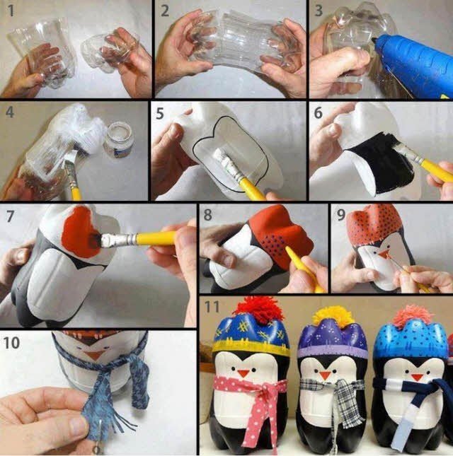 Пингвин из бутылки пластиковой с ватой